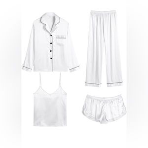 Women’s 4-Piece White Satin Pajama Set with Cami Size L